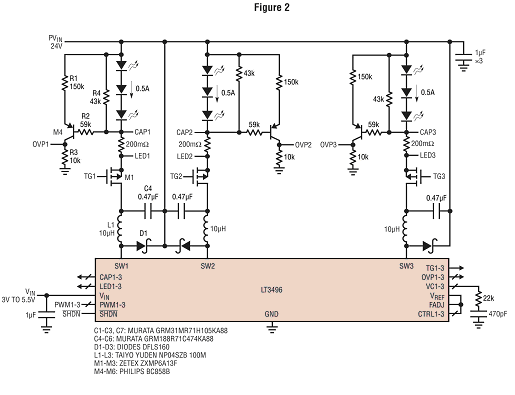 Figure 2. Triple driver de LED en mode abaisseur avec protection contre l'ouverture du circuit LED.