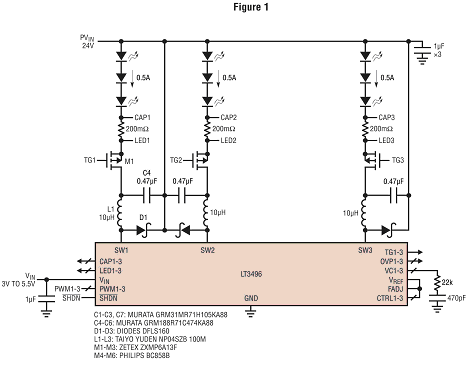 Figure 1. Triple driver de LED fonctionnant avec des chaînes de LED à anode commune.