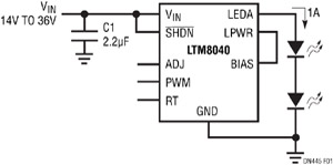 Figure 1. Piloter une guirlande de LED avec le LTM8040 est tout simple : il suffit d'ajouter un condensateur en entrée et de connecter la guirlande de LED