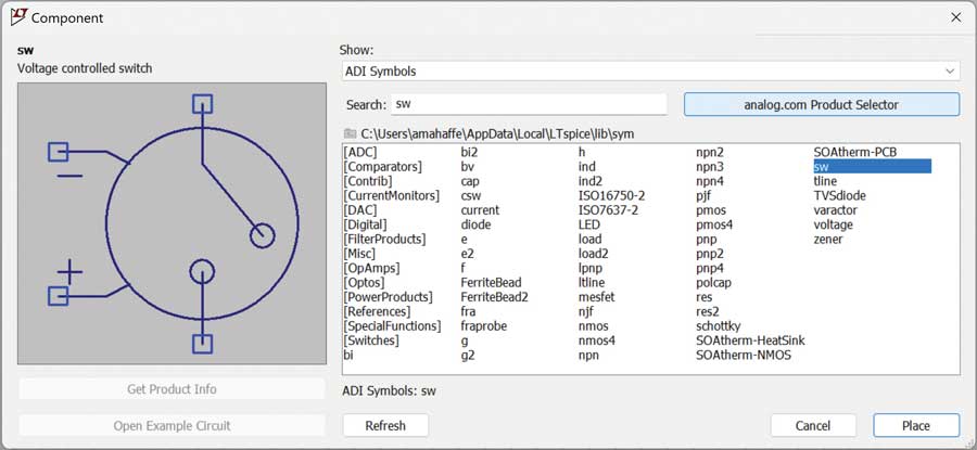Figure 1. Sélectionner un interrupteur dans la boîte de dialogue Component.